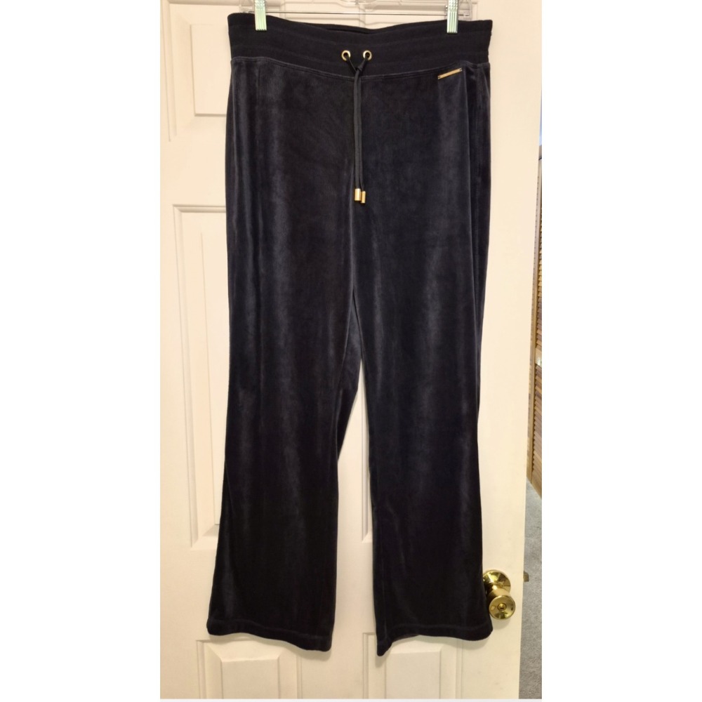 Halston Womens Navy Blue Velour Wide Leg Lounge Pants Gold Hardware Drawstring